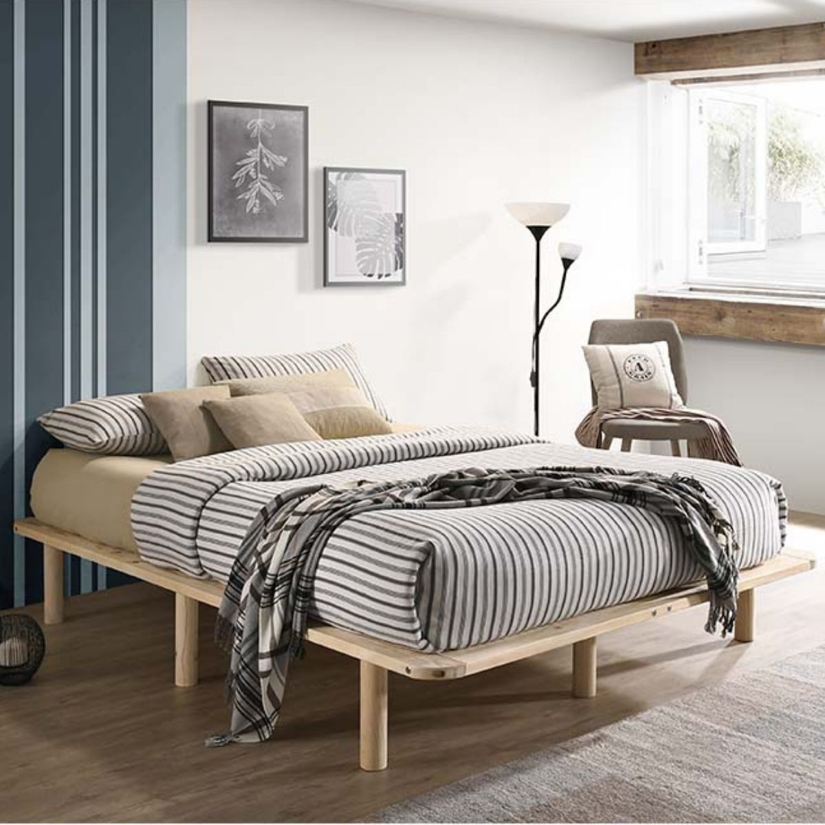 Platform Bed Base Frame Wooden Natural Queen Pinewood Qubyk UK
